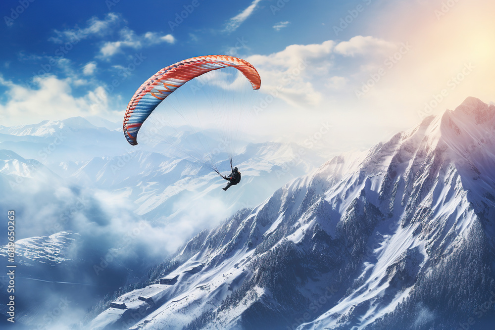 Paragliding in high mountains, winter time Paragliding in high mountains, winter time