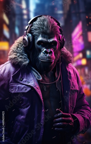 a purple haired ape in a black coat standing in a city at night, in the style of photo-realistic 