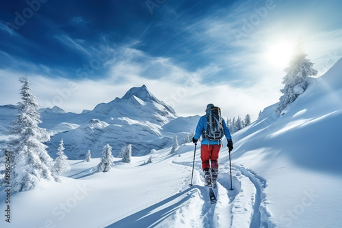 Mountaineer backcountry ski waling in the mountains. Ski touring in high alpine landscape with snowy trees. Adventure winter extreme sport.