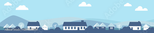 Vector  building skyline bakground illustration with clouds and  house 	
 photo