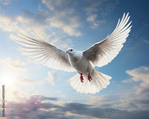 A white handpainted dove flying over skies in