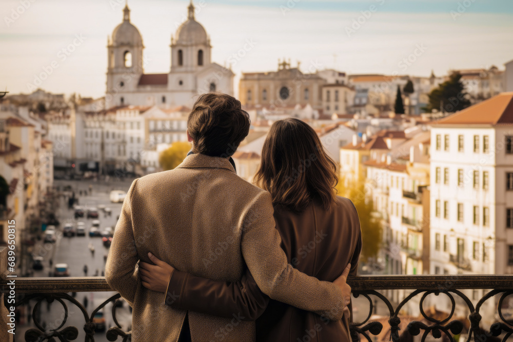 Romantic Couple Overlooking the Historic Cityscape of Lisbon at Sunset - obrazy, fototapety, plakaty 