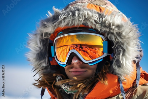 Man in ski goggles. Close-up of a young man in a mask in winter on a ski slope on a sunny day