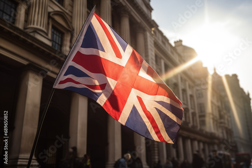 Flag of Great Britain, United Kingdom. City of London flag background. London Big Ben, Elizabeth tower in England. Flag of England and the United Kingdom, UK. Great Clock and Union Jack of England photo