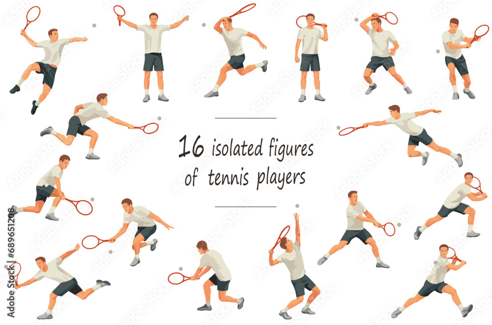 16 isolated figures of a tennis player in white casual sportswear standing, running, rushing, jumping, hitting, serving, receiving the ball 16 isolated figures of a tennis player in white casual sportswear standing, running, rushing, jumping, hitting, serving, receiving the ball