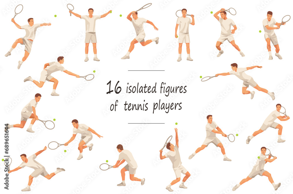 16 isolated figures of a tennis player in classic white equipment in various stances and grips standing, running, rushing, jumping, hitting, serving, receiving the ball
