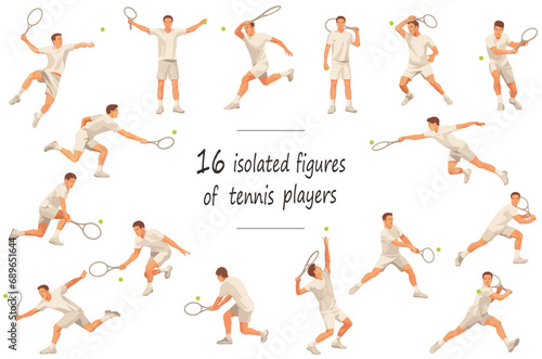 16 isolated figures of a tennis player in classic white equipment in various stances and grips standing, running, rushing, jumping, hitting, serving, receiving the ball