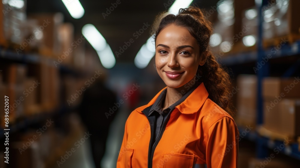 Fototapeta premium Portrait of cute warehouse female worker standing in large warehouse distribution center