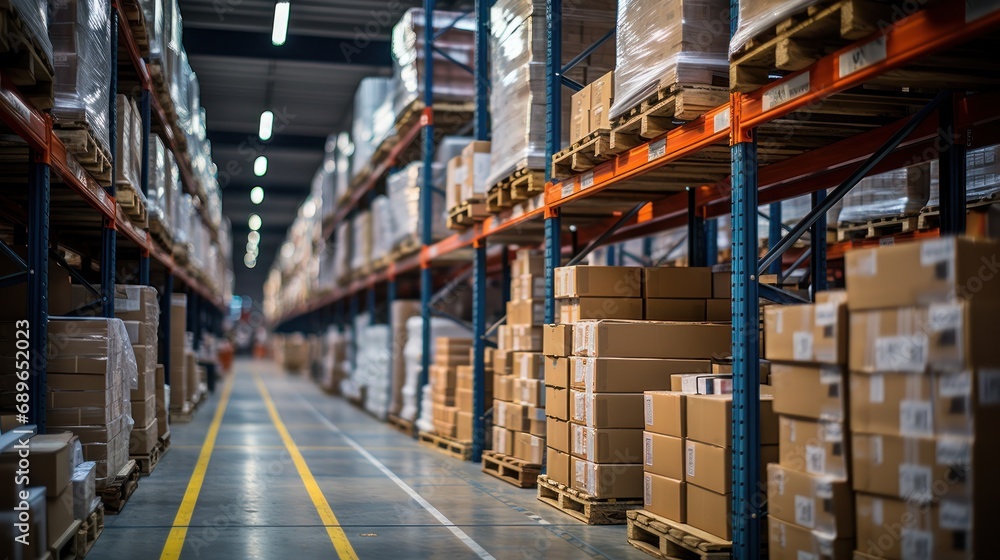 Retail warehouse with goods in boxes, with pallets and forklifts. Product distribution center Retail warehouse with goods in boxes, with pallets and forklifts. Product distribution center