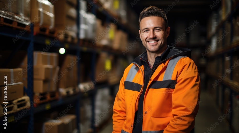 Portrait of warehouse male worker standing in large warehouse distribution center Portrait of warehouse male worker standing in large warehouse distribution center
