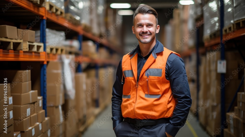 Portrait of warehouse male worker standing in large warehouse distribution center Portrait of warehouse male worker standing in large warehouse distribution center