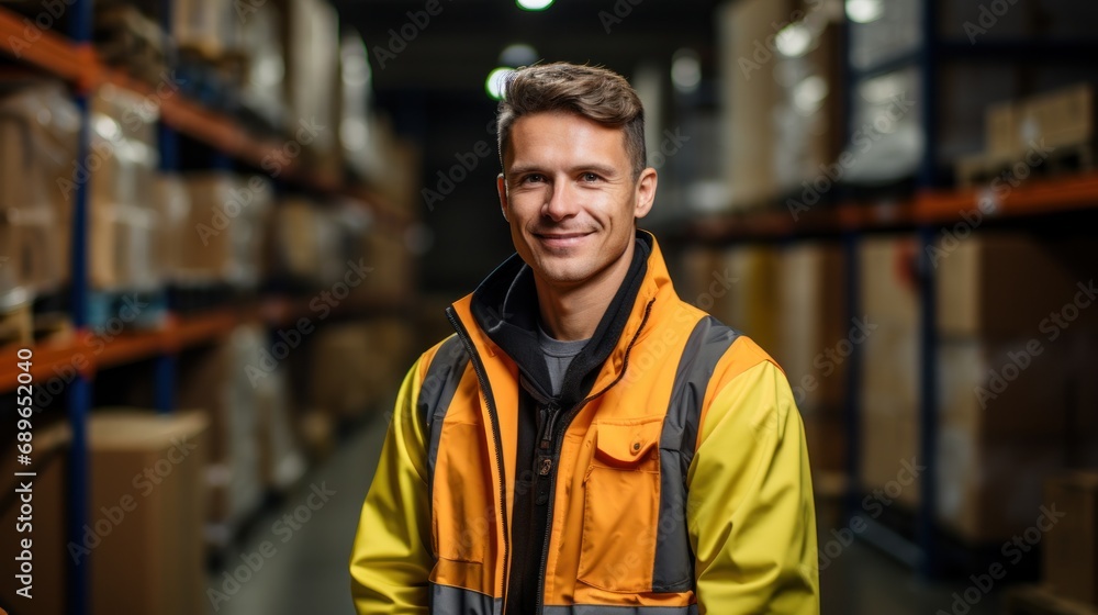 Portrait of warehouse male worker standing in large warehouse distribution center Portrait of warehouse male worker standing in large warehouse distribution center