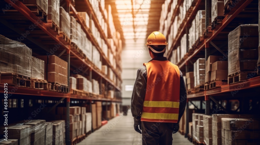 Portrait of warehouse male worker standing in large warehouse distribution center