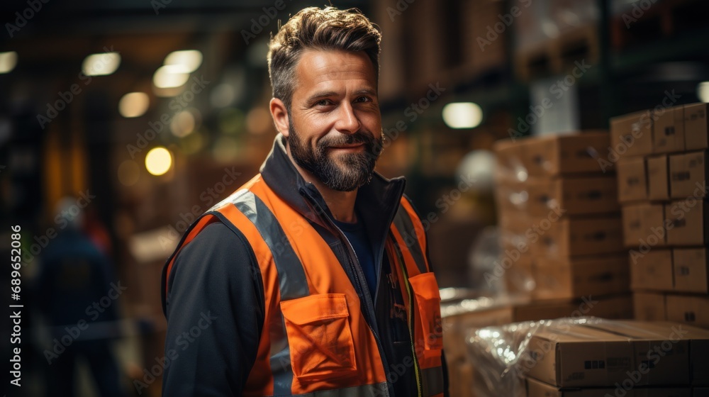 Portrait of warehouse male worker standing in large warehouse distribution center Portrait of warehouse male worker standing in large warehouse distribution center
