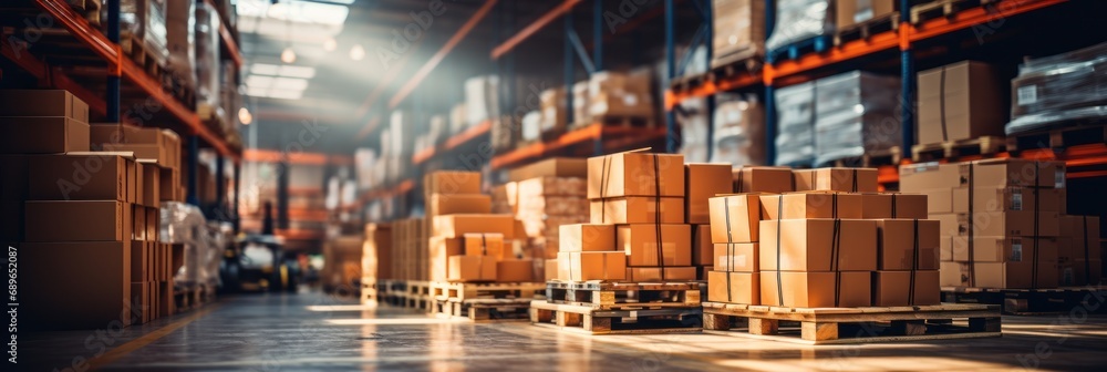 Retail warehouse with goods in boxes, with pallets and forklifts. Product distribution center Retail warehouse with goods in boxes, with pallets and forklifts. Product distribution center