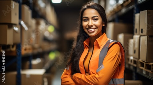 Portrait of cute warehouse female worker standing in large warehouse distribution center