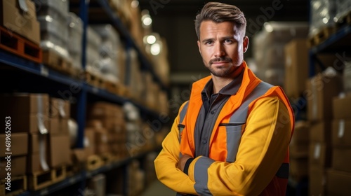 Portrait of warehouse male worker standing in large warehouse distribution center