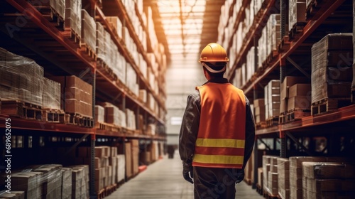 Portrait of warehouse male worker standing in large warehouse distribution center