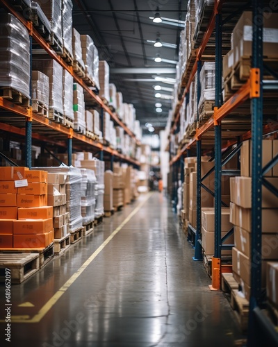 Retail warehouse with goods in boxes, with pallets and forklifts. Product distribution center