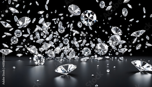 Round diamonds falling on black background 3d rendering