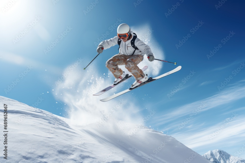 Skier jumping against blue sky. Freeride skiing. 