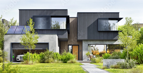 Modern Architecture Home. House Design with Solar Charging Station and Electric Car © slavun