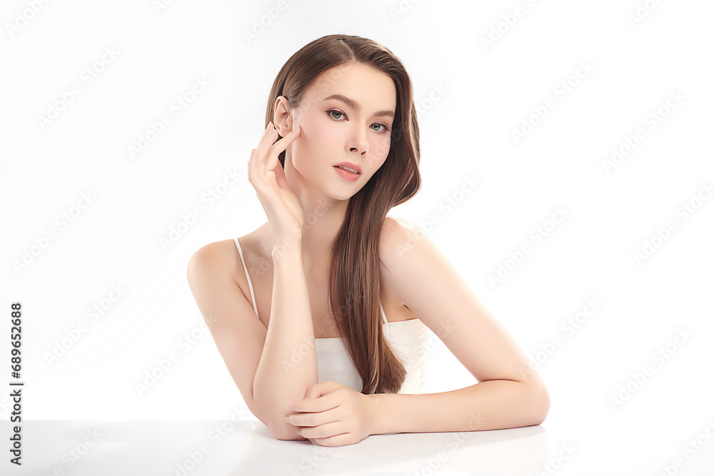 Beautiful young woman with clean fresh skin on white background, Face care, Facial treatment, Cosmetology, beauty and spa, women portrait. Beautiful young woman with clean fresh skin on white background, Face care, Facial treatment, Cosmetology, beauty and spa, women portrait.