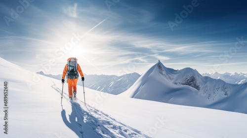Freeride skiing. Skier on snowy slope against blue sky on sunny winter day. Banner with copy space. Skier skiing downhill in high mountains. © radekcho