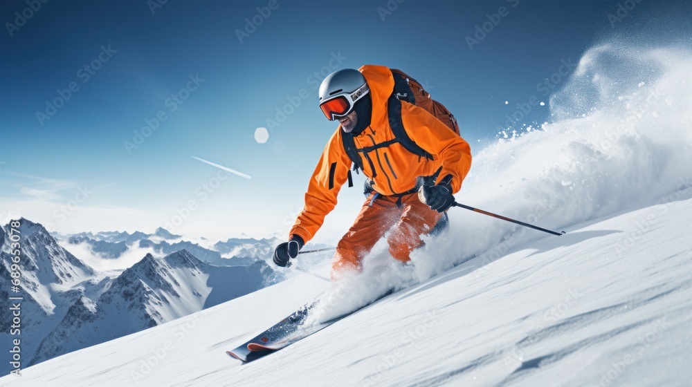 Freeride skiing. Skier on snowy slope against blue sky on sunny winter day. Banner with copy space. Skier skiing downhill in high mountains.