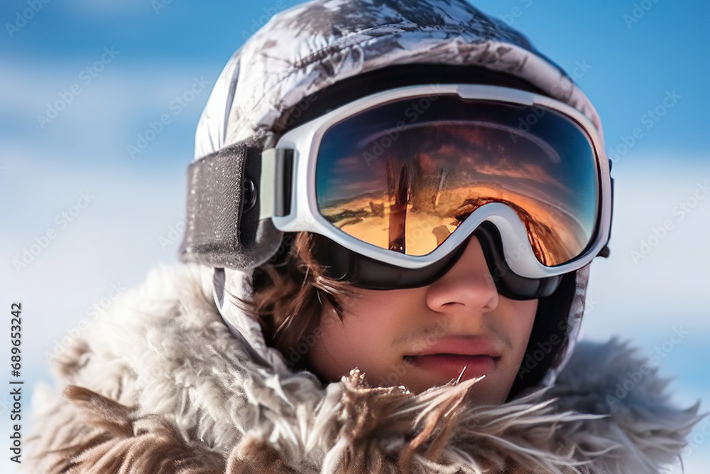 Close-up of a young man in a mask in winter on a ski slope on a sunny day Close-up of a young man in a mask in winter on a ski slope on a sunny day