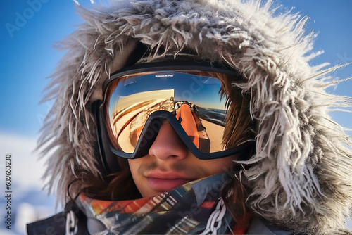 Close-up of a young man in a mask in winter on a ski slope on a sunny day