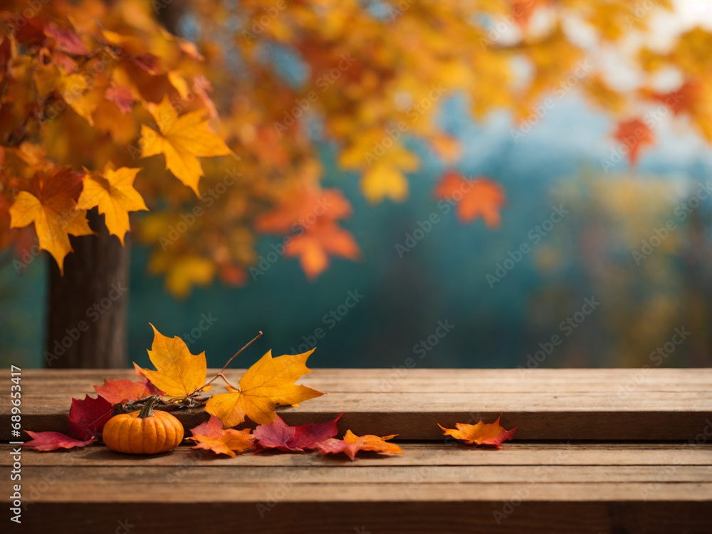 Obraz premium Fallen Autumn Leaves on a Wooden Background, Foliage of Autumn Leaves Against a Wooden Surface, Colorful Autumn Leaves Scattered on a Wooden Backdrop