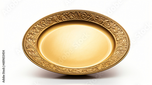 Gold serving plate isolated on white background