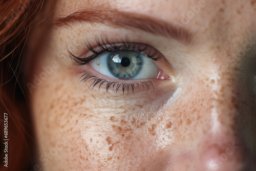 realistic macro blue female eye close up, with freckles, normal fine lines and redhead brow photo
