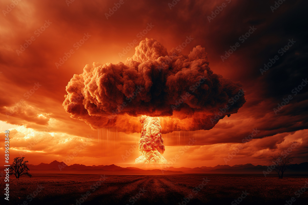 A nuclear explosion with a red background and the word nuclear on the bottom - obrazy, fototapety, plakaty 