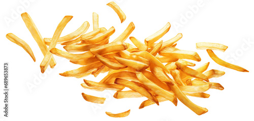 Flying delicious potato fries, cut out photo