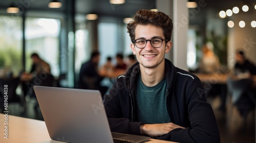 Portrait of a dedicated software developer smiling, with a laptop and coding screens in the background
