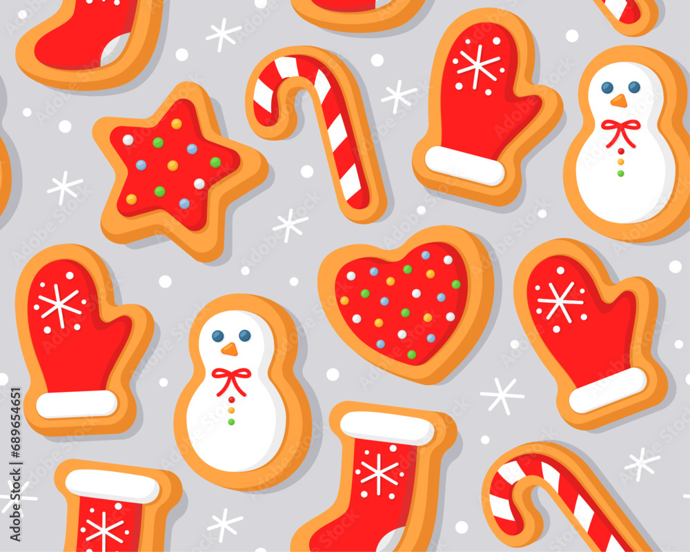 Seamless pattern with Christmas gingerbread cookies on a gray background. Homemade Christmas cookies with sugar glazed. Pattern for New Year's wrapping paper, cards, decor, fabric. 