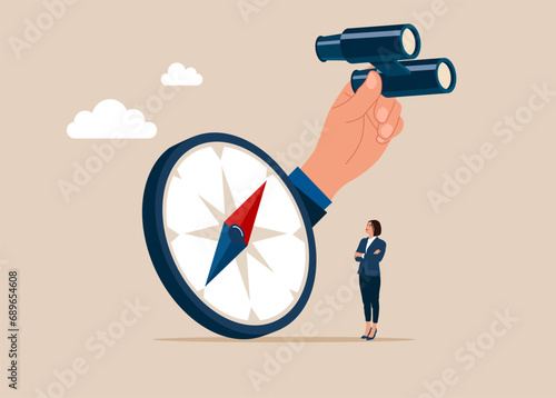 Big hand with binocular and woman with compass. Finding investment opportunity. Flat vector illustration