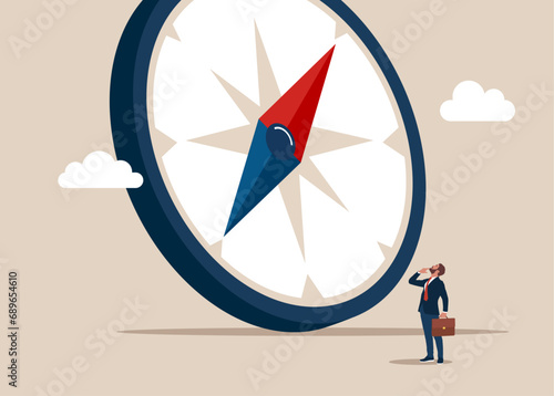 Tiny entrepreneur thinking with big compass. Solving problem, difficult decision making. Business compass guidance direction. Flat vector illustration