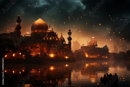 Illuminated Baghdad skyline at night, Generative AI photo