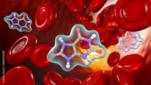 Uric acid molecule in blood circulation, 3D illustration photo