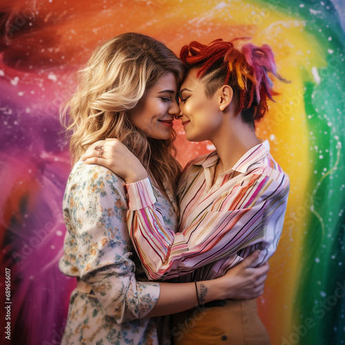 Two beautiful young women in love hugging on a multicolored rainbow background