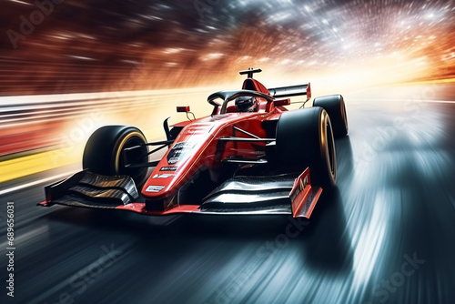 A Formula One race car driving on the track, dynamic energy © Dennis
