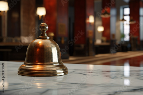 The bell on the reception desk of a hotel close-up