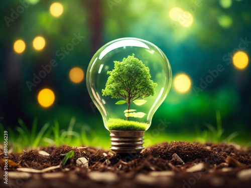 Green plant growing in a bulb, bulb hosting a green plant, plant sprouting from a bulb, bulb containing a growing green plant, greenery emerging from a bulb, bulb serving as a home for a green plant
