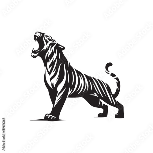 Majestic Tiger Roaring in Silhouette with an Intense Attack Stance - Black Vector Tiger Roaring Silhouette 