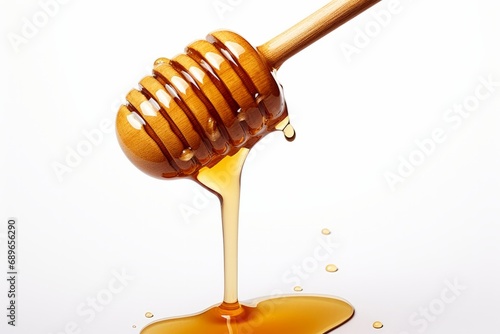 Honey from a wooden spoon in front of a white background, white lighting, studio light, fine details, on pastel plain background, stock photo