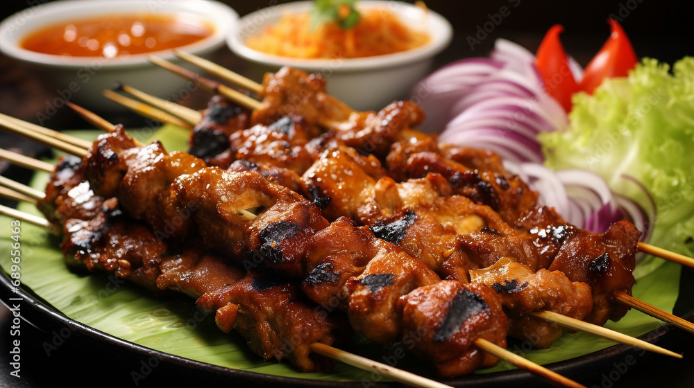 Close up of delicious satay. Asian food concept.