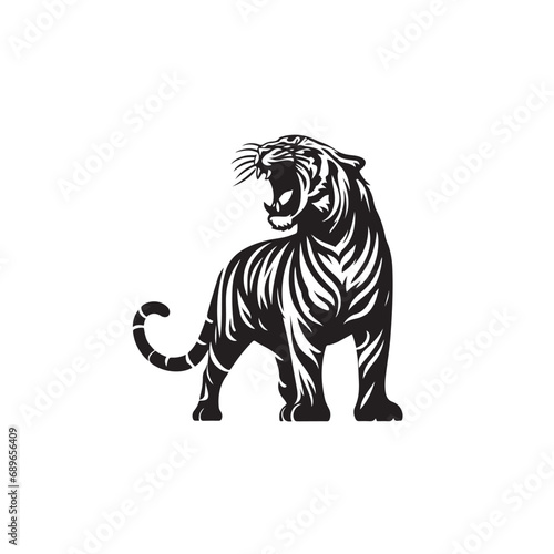 Bold Tiger Attack Silhouette with Powerful Roar - Black Vector Tiger Roaring Silhouette  © Verslood